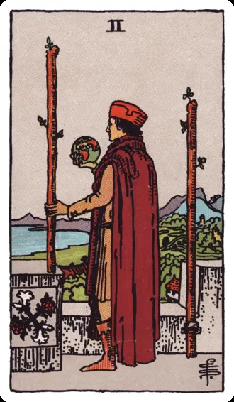 Illustrated two of wands tarot card